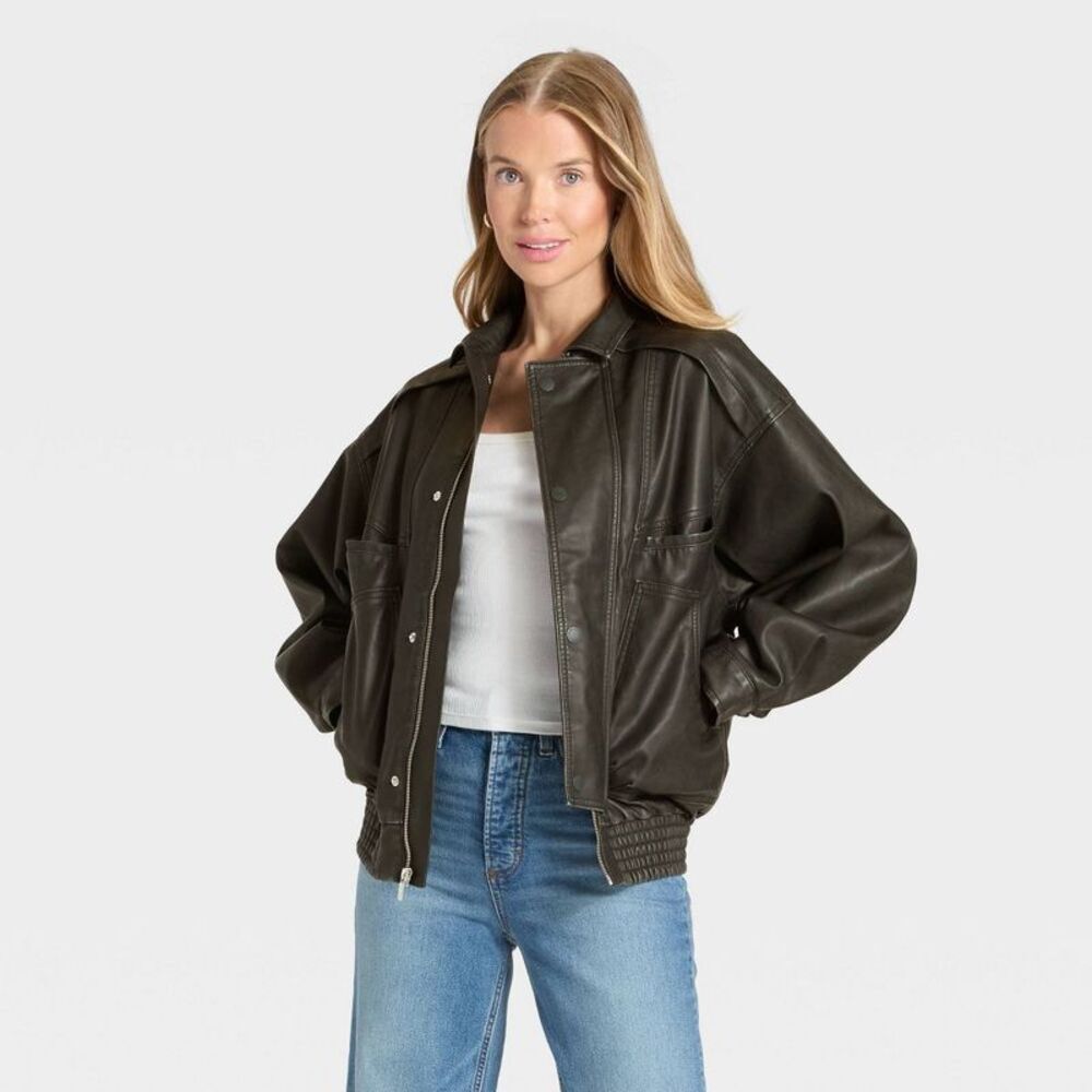 Women's Relaxed Faux Leather Bomber Jacket - Universal Thread Black L